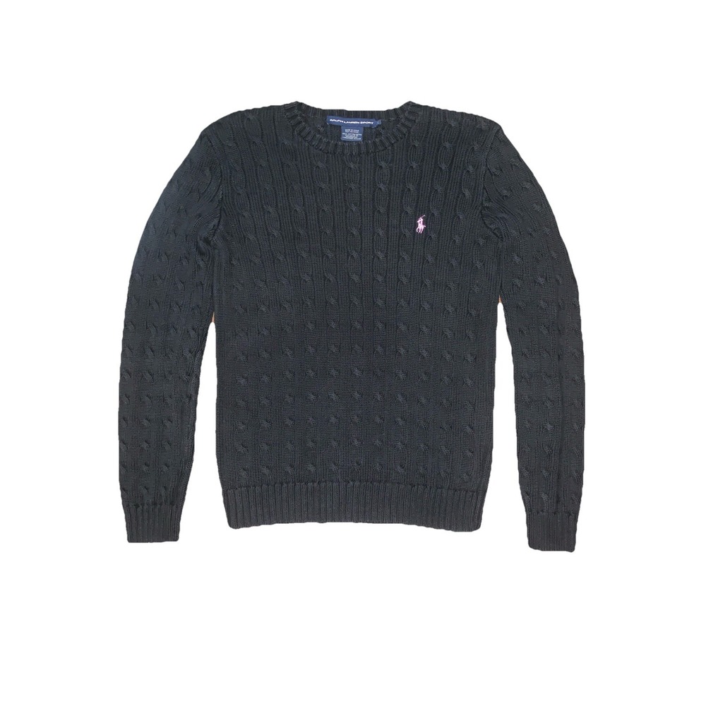 Vintage Ralph Lauren Sport Black‎ Cable Knit Sweater Women's L Pony Logo Preppy
